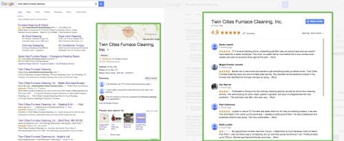 Google search results highlighting Twin Cities Furnace Cleaning business profile