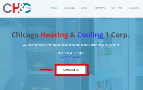 Chicago Heating & Cooling 1 Corp. website header with a red arrow highlighting the Contact Us button