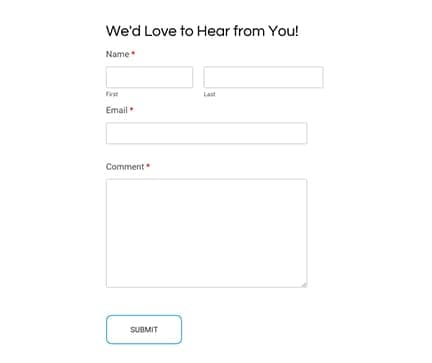 Contact form with fields for name, email, and comment with Submit button