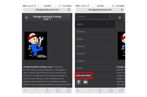 Mobile phone screens displaying Chicago Heating & Cooling website with mascot