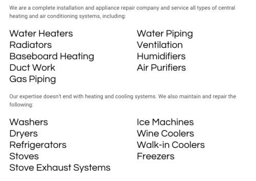 List of heating, cooling, and appliance repair services offered