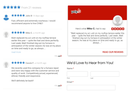 Five-star customer reviews and Yelp testimonials for heating company