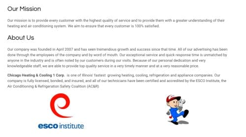 Company mission and about section with ESCO institute and mascot logos