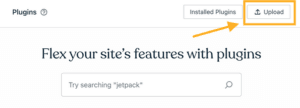 WordPress plugins page with Upload button and heading about expanding site features with plugins