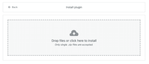WordPress plugin upload interface with drag-and-drop zone for installing new plugins