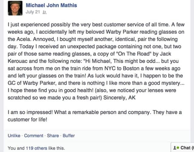 Facebook post from Michael John Mathis praising Warby Parker's exceptional customer service