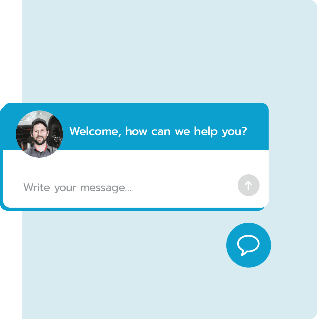 Web chat interface with man's profile photo and greeting 'Welcome, how can we help you?'