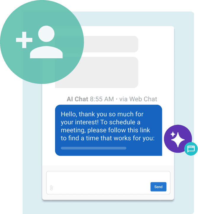 AI chat interface showing automated message thanking customer for interest and providing link to schedule meeting