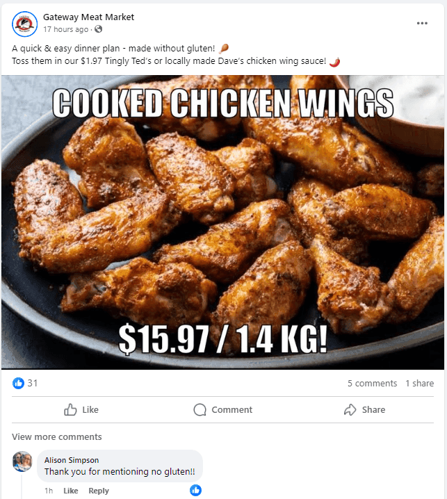 Meat market post promoting gluten-free cooked chicken wings with pricing and customer review engagement