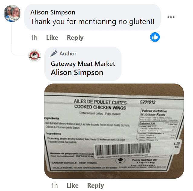 Comment thread showing Alison Simpson thanking Gateway Meat Market for gluten-free mention with product packaging image reply