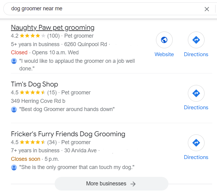 Google search results for dog groomer showing local business listings with ratings and reviews