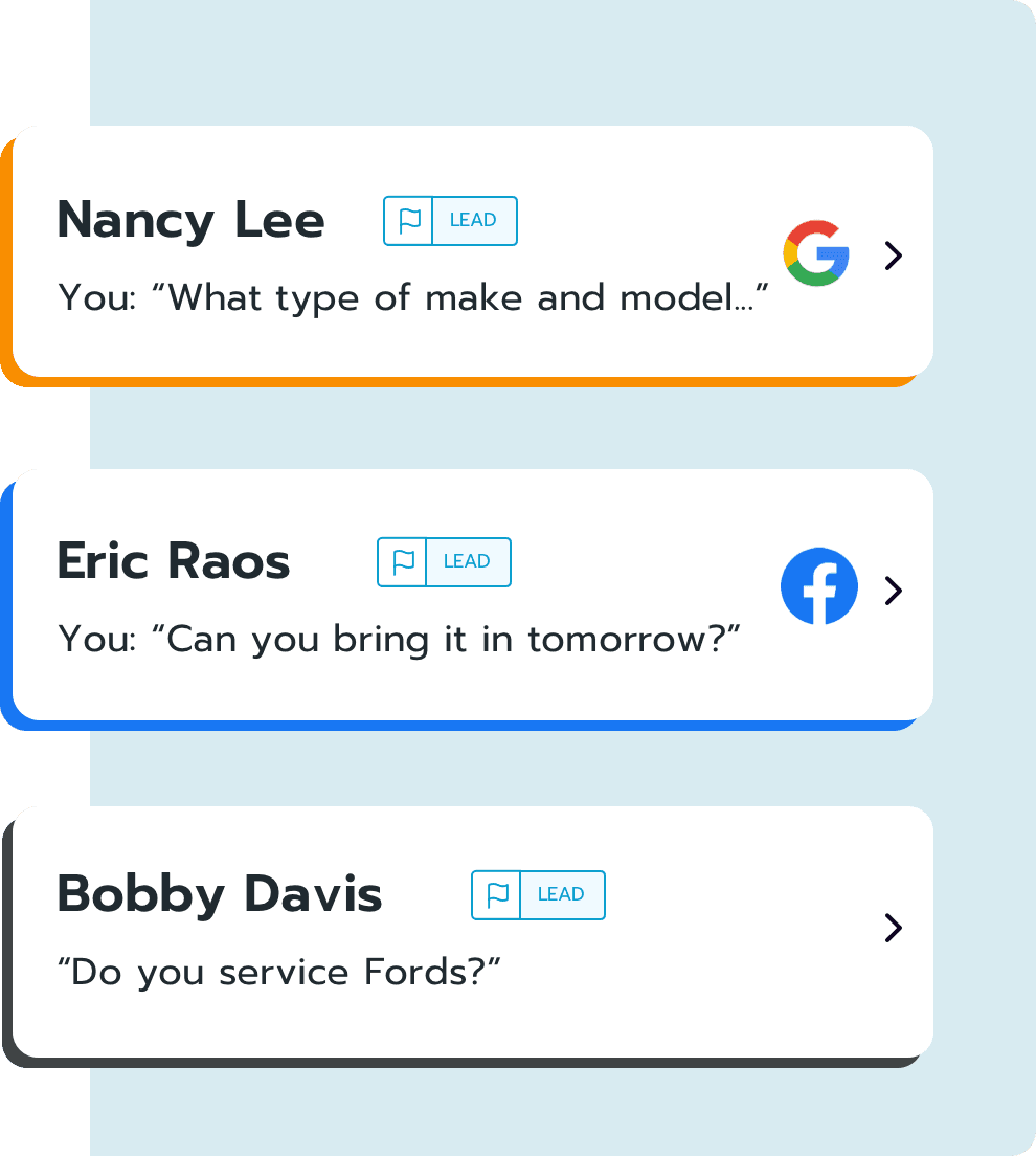 Customer inquiries from Google and Facebook marked as sales leads with customer questions