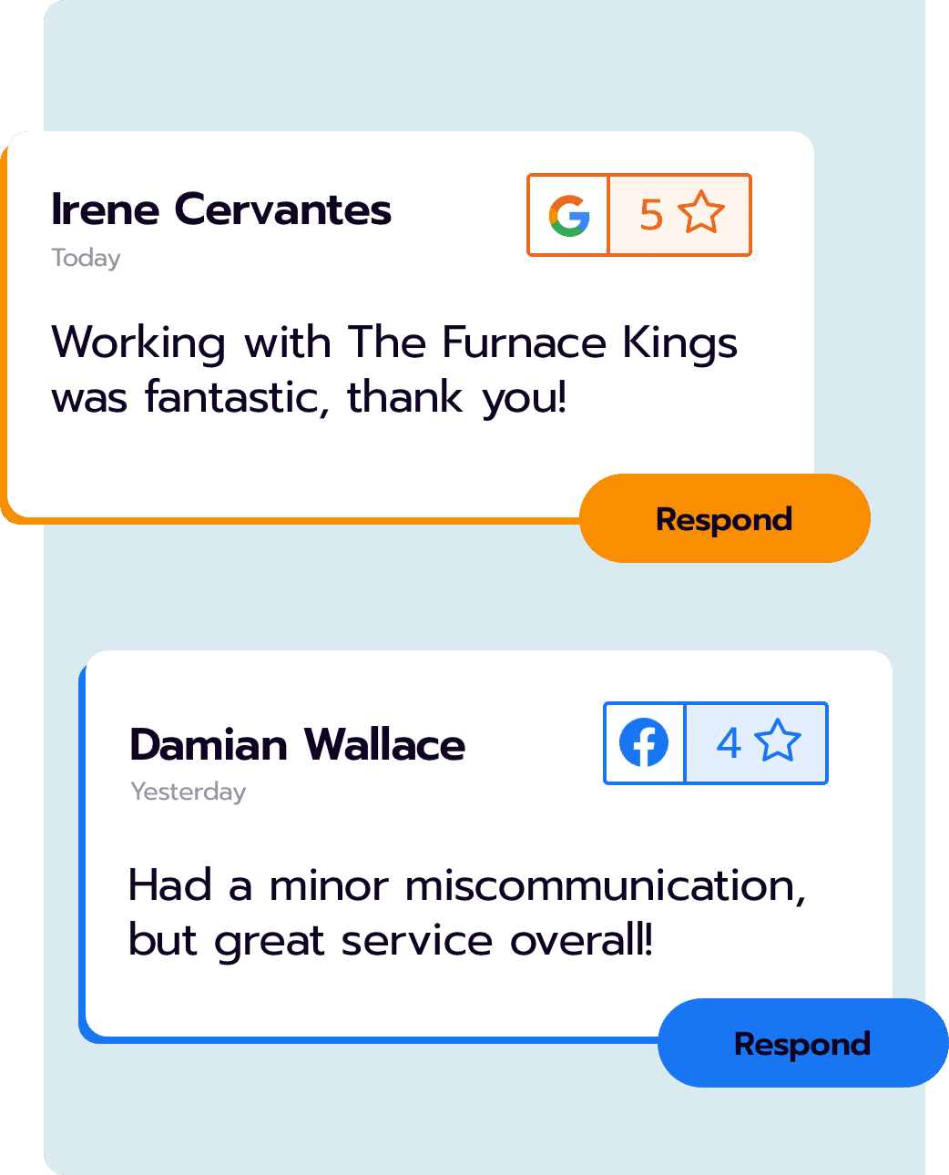 Customer reviews from Google and Facebook with ratings showing business feedback and responses