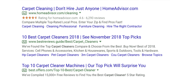 Google search results for carpet cleaning services with HomeAdvisor and reviews listings