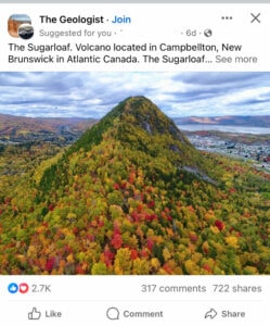 The Geologist Facebook post featuring Sugarloaf Volcano scenic autumn landscape in Atlantic Canada