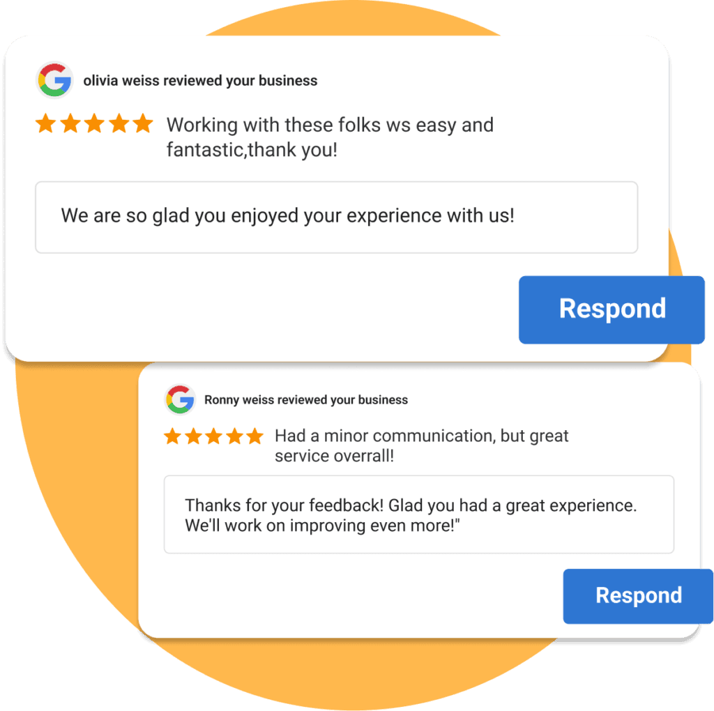 Google customer reviews with business responses displayed with blue Respond buttons