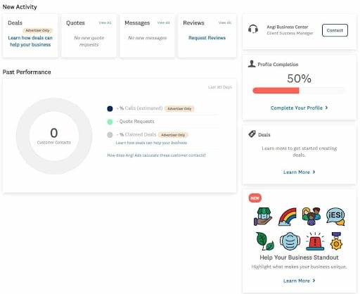 Business dashboard showing new activity, performance metrics, and profile completion progress