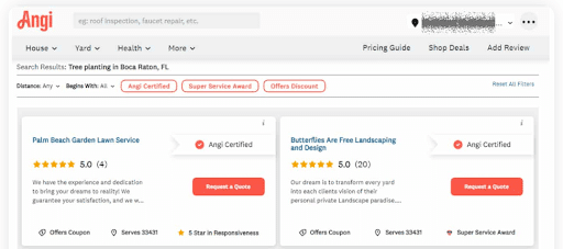 Angi service listing for landscape business showing 5-star rating and certification badges