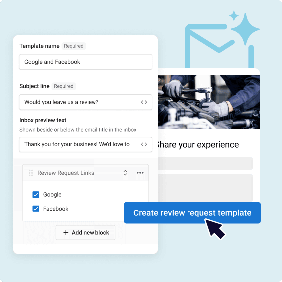Review request template builder for Google and Facebook with subject line field and mechanic vehicle image