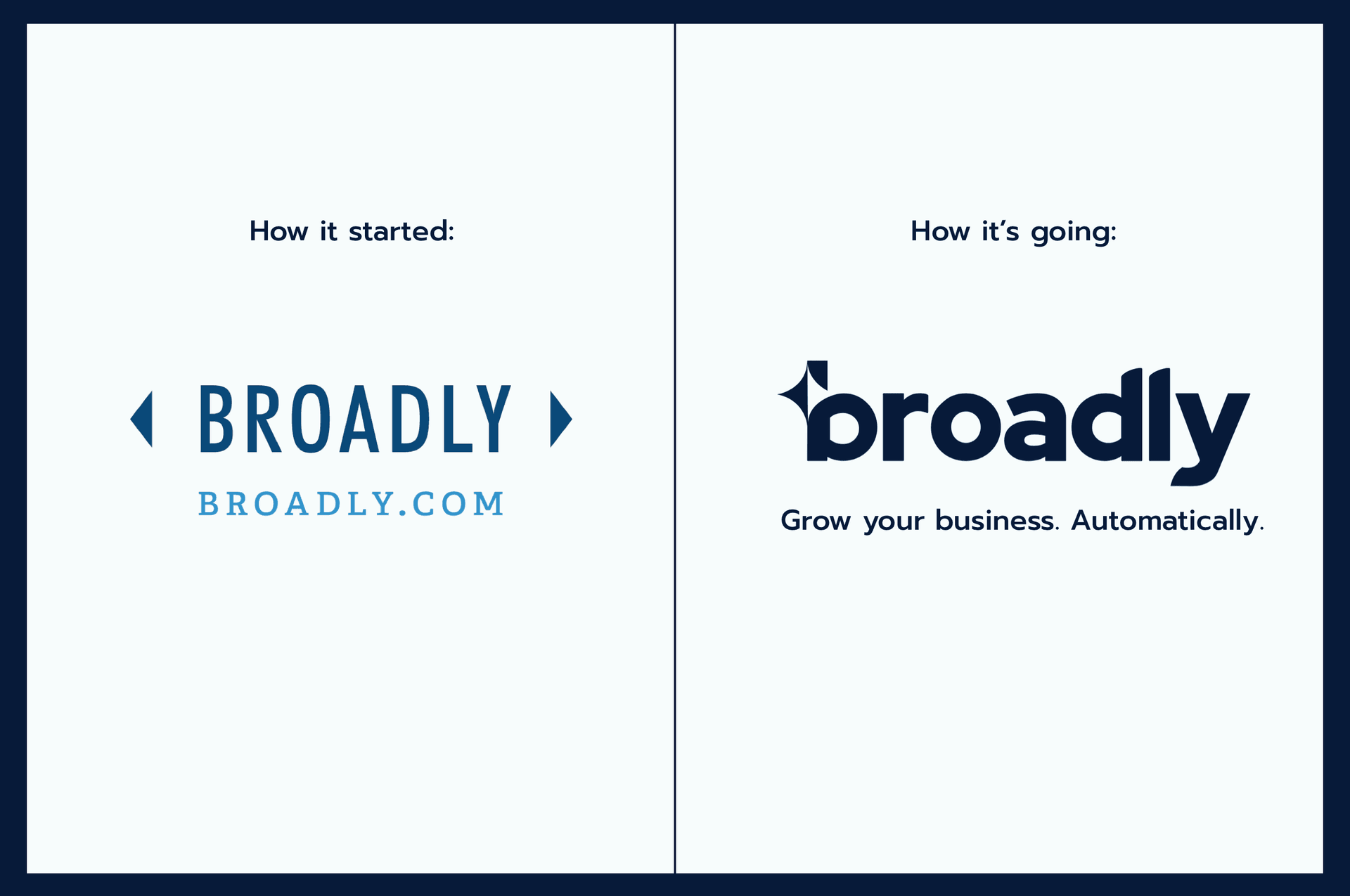 Broadly logo evolution showing previous and current branding with tagline