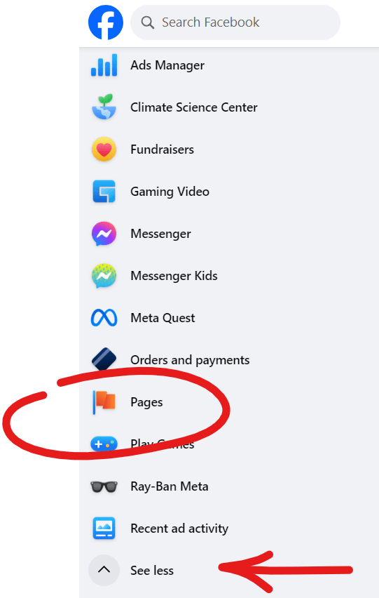 Facebook menu listing apps and tools with Pages option highlighted in red circle