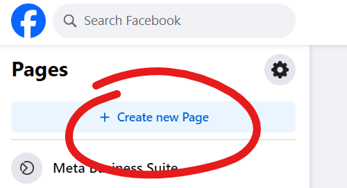 Facebook Pages section showing Create new Page button highlighted