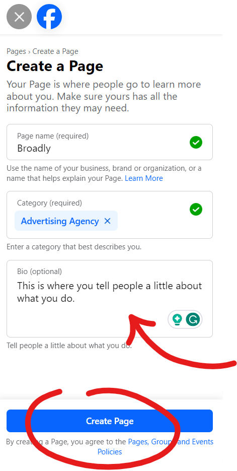 Facebook Create a Page form with Broadly name, Advertising Agency category, and bio fields