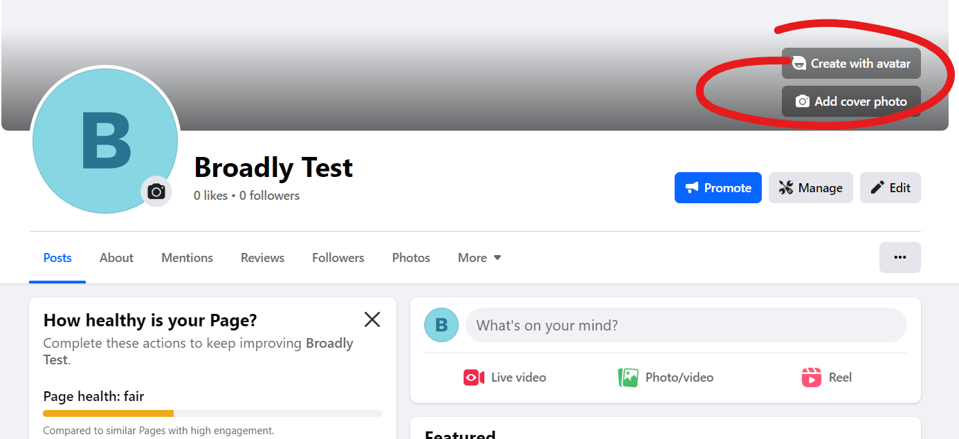 Broadly Test Facebook page header with cover photo options highlighted