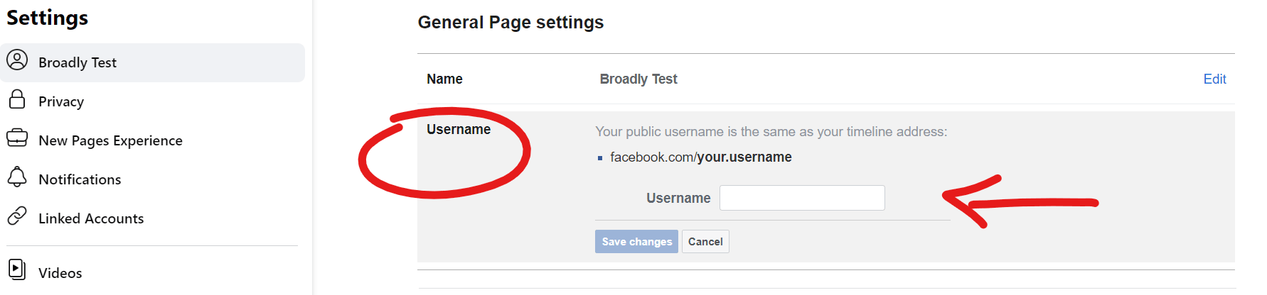 Facebook Page Settings showing Username configuration field highlighted