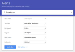 Alerts configuration panel with filter options for sources and languages