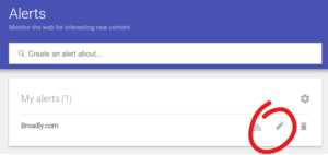Alerts interface displaying created alert for a specific website domain