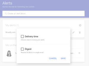 Alerts notification settings with delivery frequency and digest options