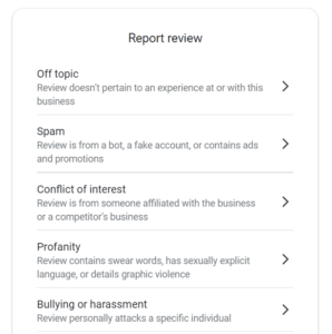 Report review menu with categories for inappropriate content