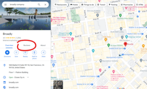 Broadly business profile map with reviews section highlighted