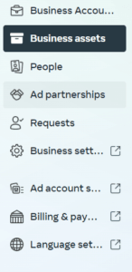 Business settings menu with options for account, assets, people, partnerships, requests, and billing management