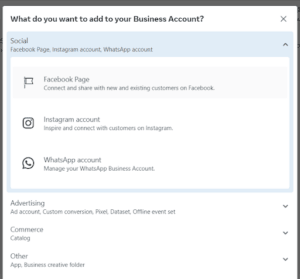 Dialog menu for adding social media, advertising, and commerce accounts to business profile