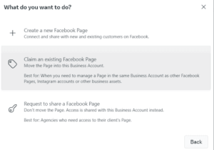 Dialog with options to create, claim, or request access to Facebook business pages