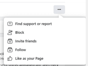 Facebook page context menu with options to report, block, invite, follow, or like as page
