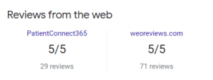 Reviews from web showing 5/5 star ratings from PatientConnect365 and weoreviews.com
