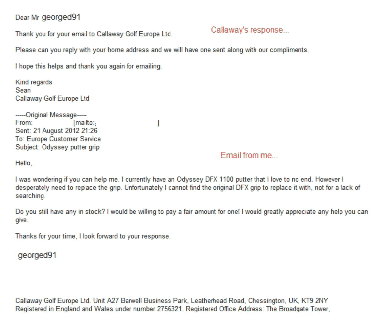 Email conversation between customer and Callaway Golf Europe Ltd about Odyssey putter grip replacement