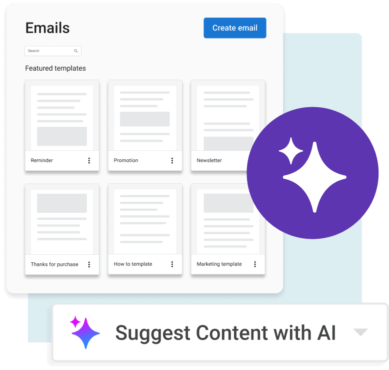 Email campaign templates with reminder, promotion, and newsletter options plus AI content suggestions