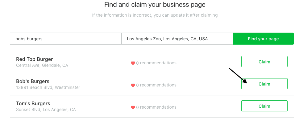 Business claiming interface with search results for burger restaurants and green claim buttons