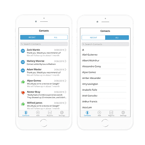 Broadly contacts app on two iphone screens showing recent and all contacts lists