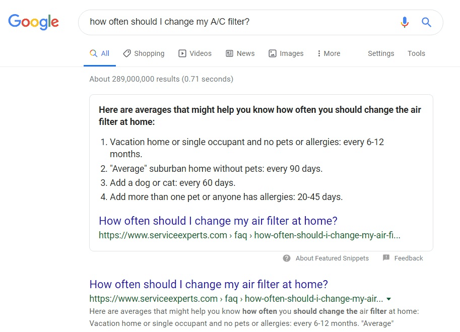 Google search results for air filter maintenance with featured snippet