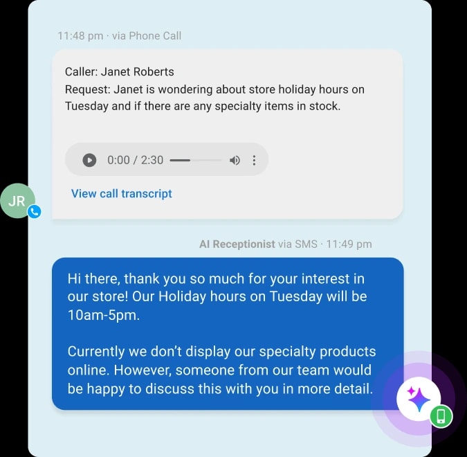 AI receptionist showing incoming phone call from customer and automated SMS response to inquiry