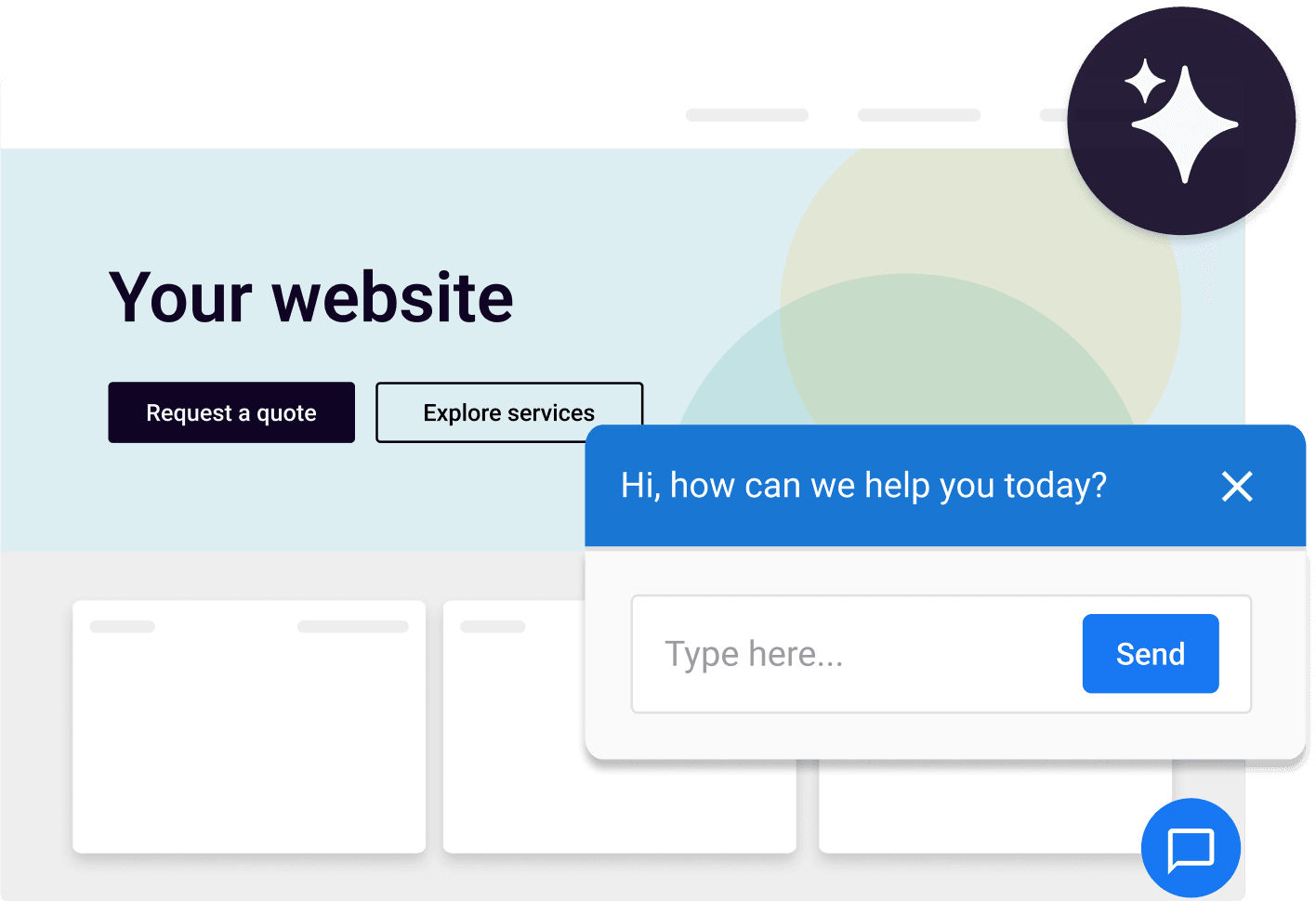 Website mockup displaying web chat widget with greeting message and input field for customer interaction