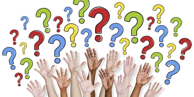 Raised hands in various skin tones with colorful question marks floating above
