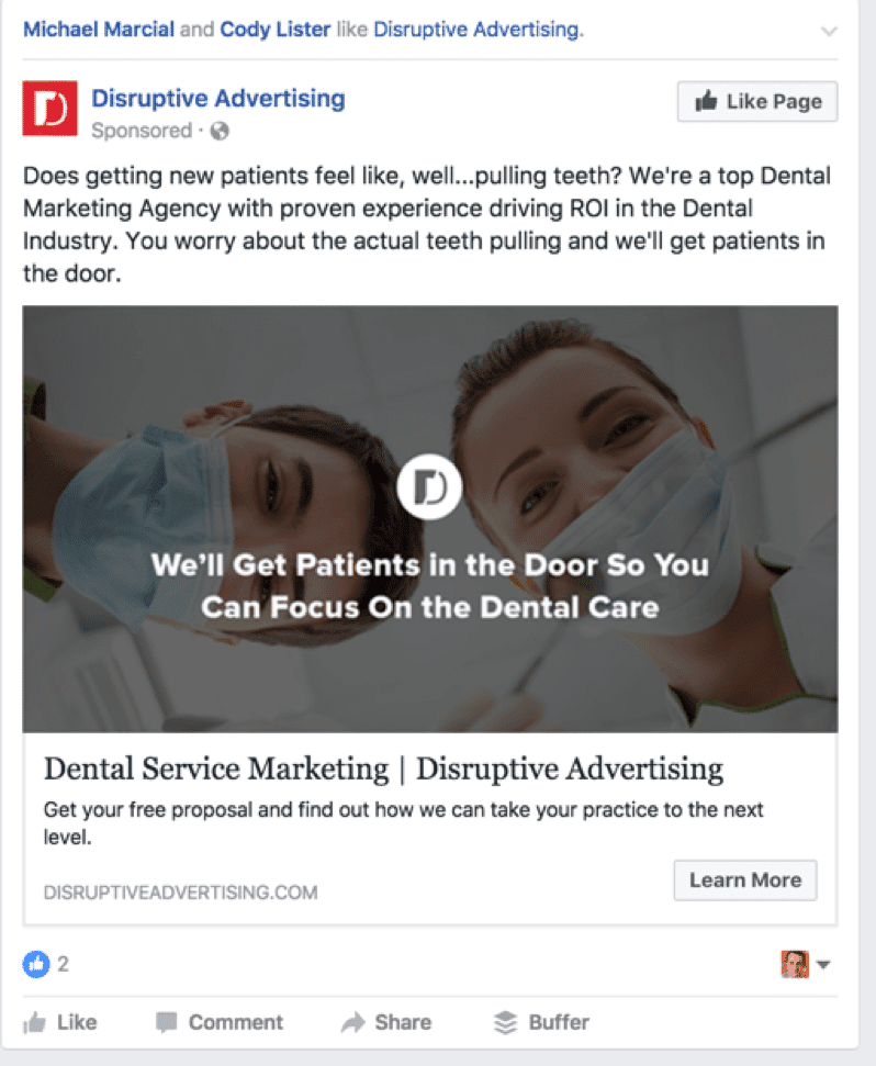 Facebook sponsored ad for Disruptive Advertising dental marketing services