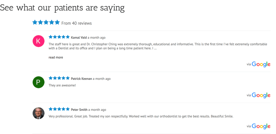 Patient reviews showing 5-star ratings and testimonials from dental practice