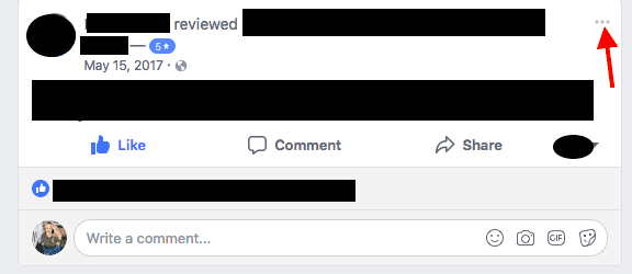 Facebook review post with a red arrow pointing to the three-dot menu icon